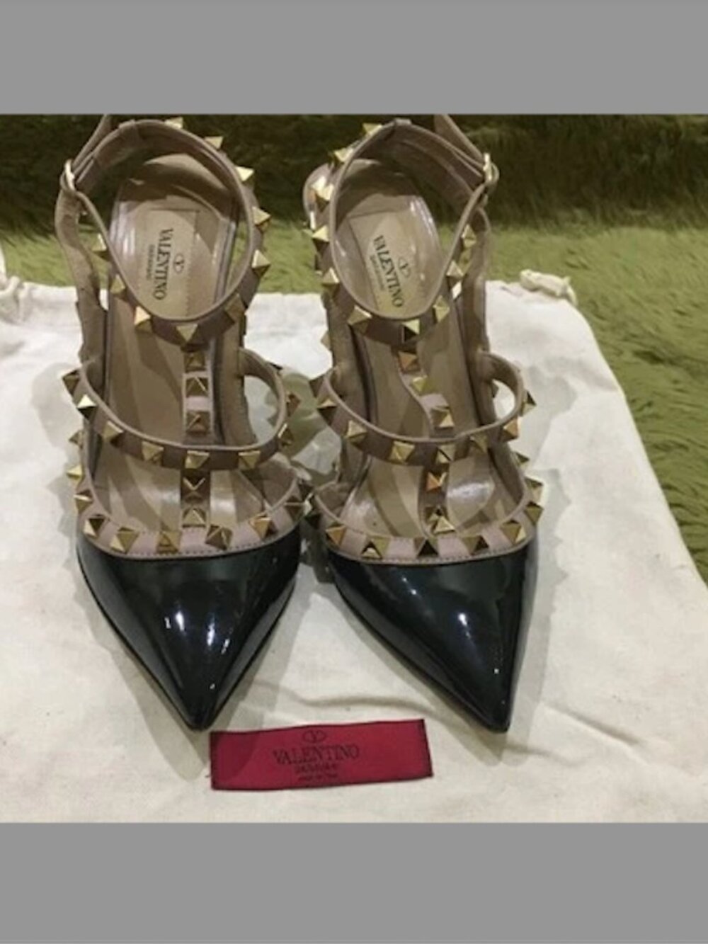 Valentino Black/Beige Patent and Leather Caged Rockstud Ankle Strap Pumps SZ 36